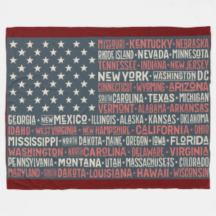 Vintage Faded American Flag State Names Words Art Fleece Blanket