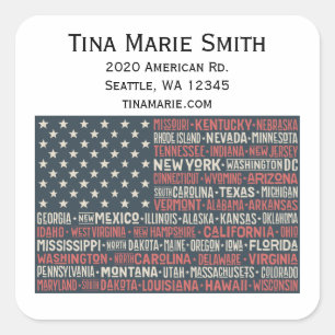 Vintage Faded American Flag State Names Words Art Square Sticker