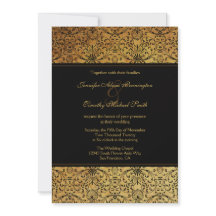 Vintage faded black gold damask wedding invitation
