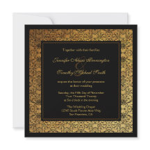 Vintage faded black gold damask wedding invitation