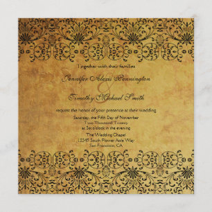 Vintage faded black gold damask wedding invitation
