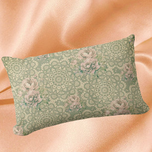 Vintage Faded Pink Roses on Green Antique Fabric Lumbar Pillow