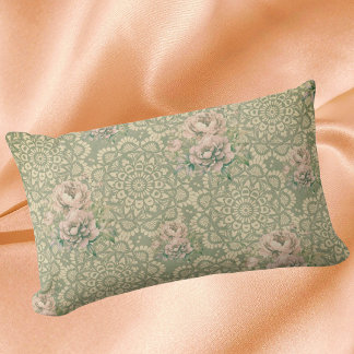 Vintage Faded Pink Roses on Green Antique Fabric Lumbar Pillow