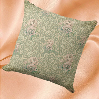 Vintage Faded Pink Roses on Green Ivory  Throw Pillow