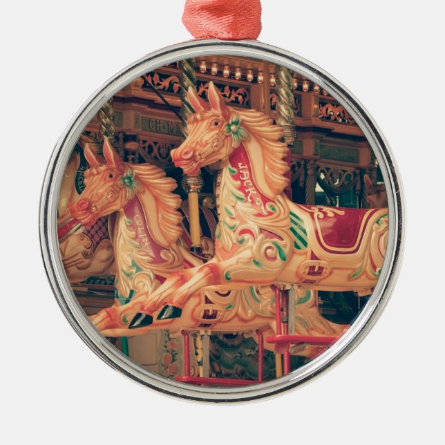 Vintage Fairground Carousel Horses Metal Ornament (Front)