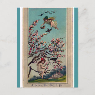 Vintage Fairies and Cherry Blossoms Happy New Year Postcard