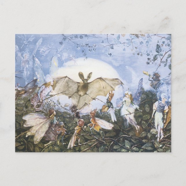 Vintage Fairies Attacking A Bat Postcard (Front)