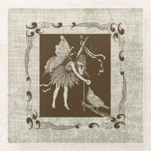 Vintage Fairy & Bird  Glass Coaster