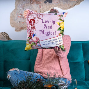 Vintage Fairy Flowers Custom Greetings Name Pink Throw Pillow