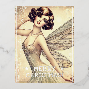 Vintage Fairy Merry Christmas Greetings Retro Pic Foil Holiday Postcard