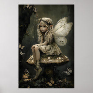 Vintage Fairy Print, Mushroom, Antique Style Poster