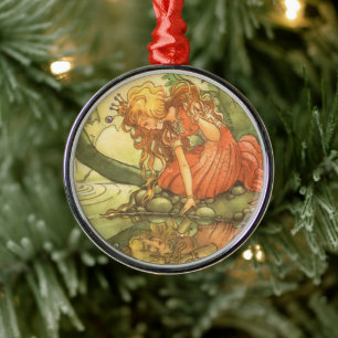 Vintage Fairy Tale, Frog Prince Princess by Pond Metal Ornament