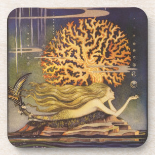 Vintage Fairy Tale, Little Mermaid in Ocean Coral Coaster