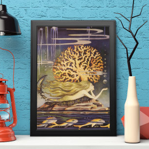 Vintage Fairy Tale, Little Mermaid in Ocean Coral Poster