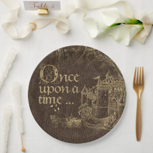 Vintage Fairy Tale Theme Gold Castle on Leather Paper Plate