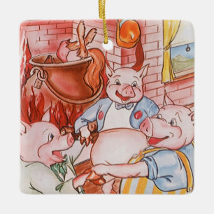 Vintage Fairy Tale Three Little Pigs and the Wolf Ceramic Ornament