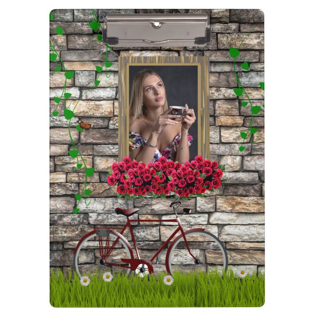 Vintage Fairytale Bicycle Roses Girly Photo Frame Clipboard (Front)
