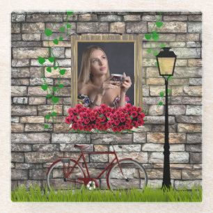 Vintage Fairytale Bicycle Roses Girly Photo Frame Glass Coaster