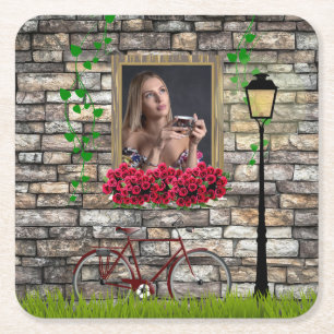 Vintage Fairytale Bicycle Roses Girly Photo Frame Square Paper Coaster
