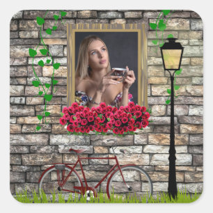Vintage Fairytale Bicycle Roses Girly Photo Frame Square Sticker