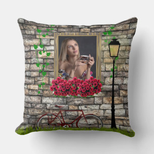 Vintage Fairytale Bicycle Roses Girly Photo Frame Throw Pillow