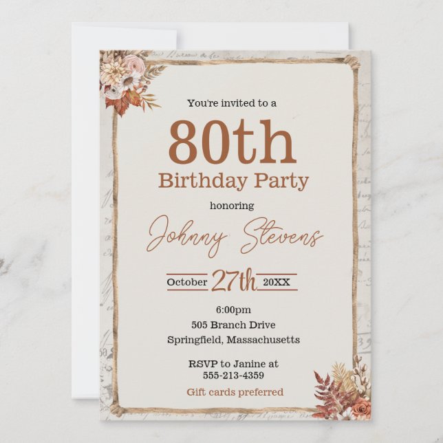 Vintage Fall Autumn 80th Birthday Party Card (Front)
