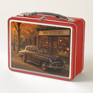 Vintage Fall/Autumn bookstore & car Metal Lunch Box