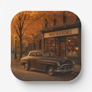 Vintage Fall/Autumn bookstore & car Paper Plate