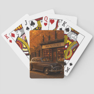 Vintage Fall/Autumn bookstore & car Playing Cards