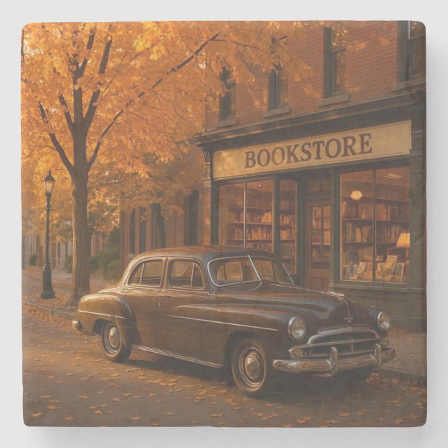 Vintage Fall/Autumn bookstore & car Stone Coaster (Front)