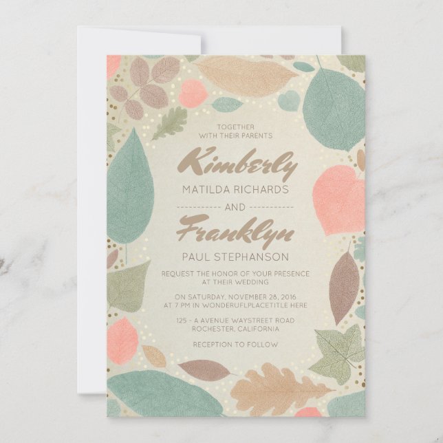 Vintage Fall Colourful Leaves Gold Dots Wedding Invitation (Front)