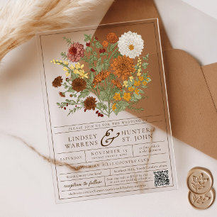 Vintage Fall Floral Romantic Garden Autumn Wedding Acrylic Invitations