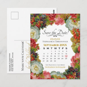 Vintage Fall Floral Wedding Save the Date Calendar Postcard