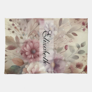 Vintage Fall flowers pastels watercolor painting  Kitchen Towel
