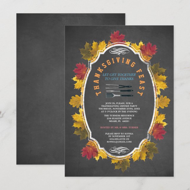Vintage Fall Foliage Chalk Thanksgiving Feast Invitation (Front/Back)