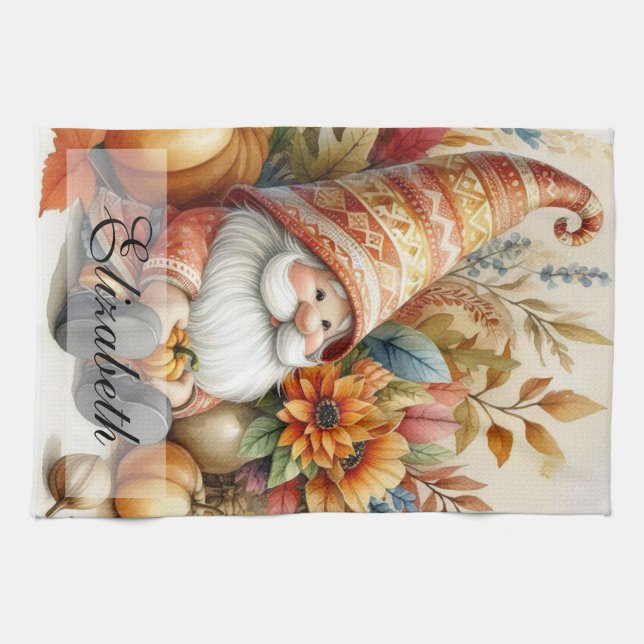 Vintage Fall Gnomes with Autumn leaves  Kitchen Towel (Horizontal)