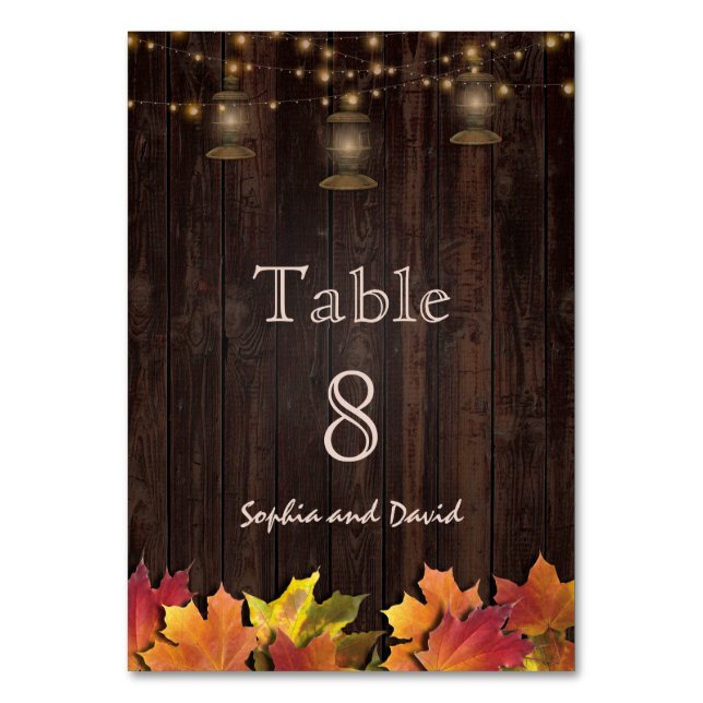 Vintage Fall Leaves Old Lanterns Wood Table Number (Front)