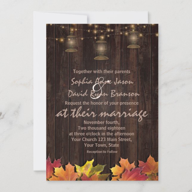 Vintage Fall Leaves Old Lanterns Wood Wedding Invitation (Front)