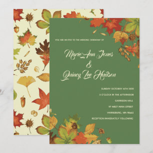 Vintage Fall Leaves Wedding Invitations Green