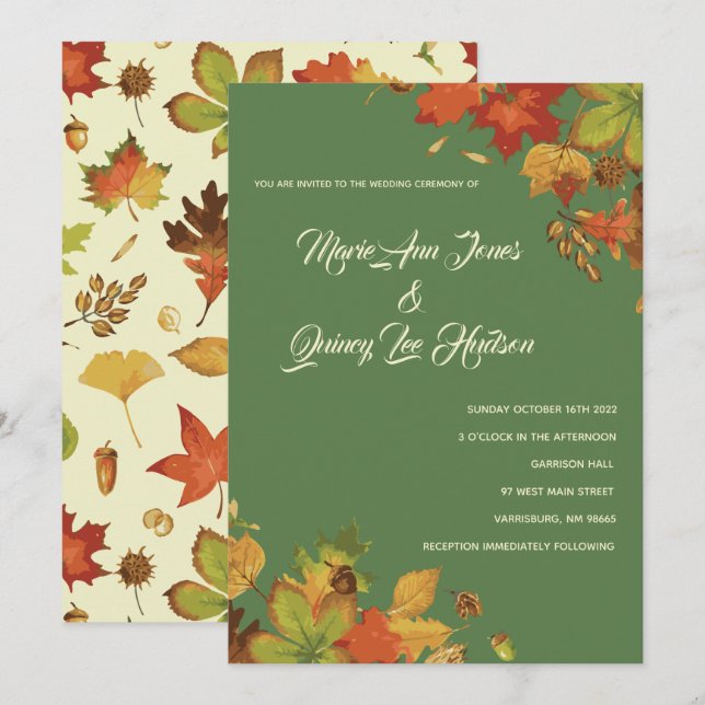 Vintage Fall Leaves Wedding Invitations Green (Front/Back)