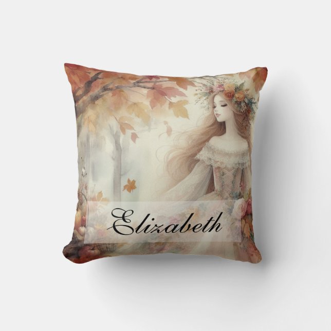 Vintage Fall Princess with Autumn leaves  Throw Pillow (Front)