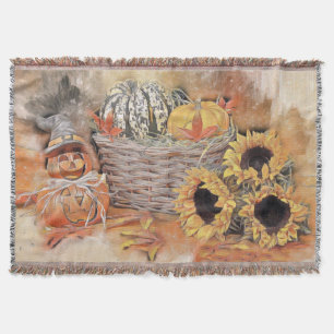 Vintage Fall pumpkins fall colours watercolor  Thr Throw Blanket