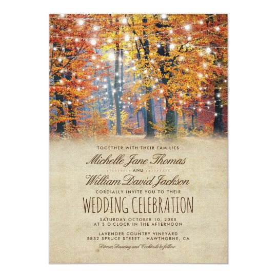 Vintage Fall Rustic Autumn String Lights Wedding Card