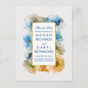 Vintage Fall Save the Date - Gold and Navy Floral Announcement Postcard