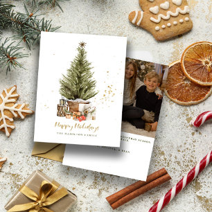 Vintage Family Christmas Photo Gold Happy Holiday Card