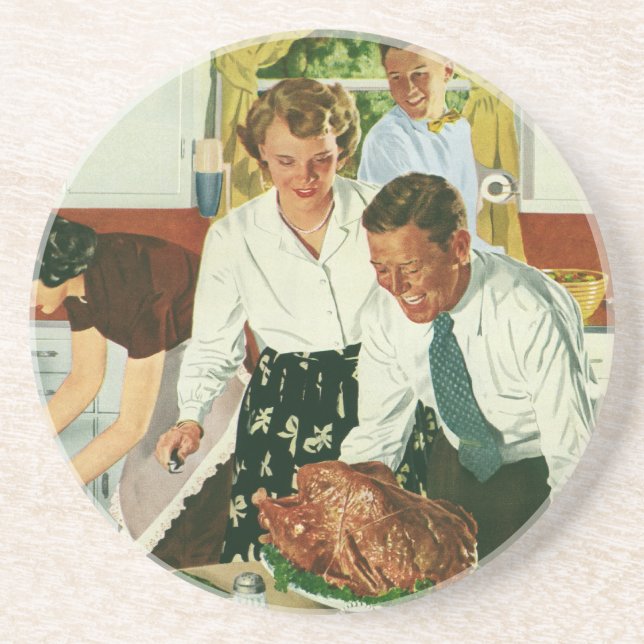Vintage Family Cooking Thanksgiving Dinner Kitchen Coaster (Front)