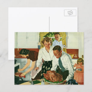 Vintage Family Cooking Thanksgiving Dinner Kitchen Holiday Postcard