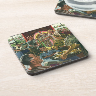 Vintage Family Dinner at a Diner with a Jukebox Coaster