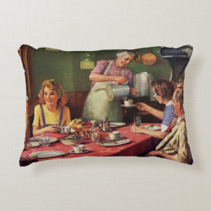 Vintage Family Eating Breakfast in the Kitchen Accent Pillow