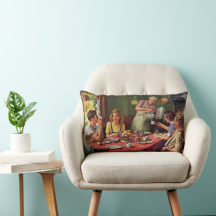 Vintage Family Eating Breakfast in the Kitchen Lumbar Pillow